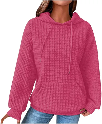 Vista 17 de Ceboyel Sudaderas con Capucha de Punto Waffle Lindas para Mujer con Cordón Pullover Sudaderas Suéteres Casuales de Moda Ropa Cómoda de Otoño