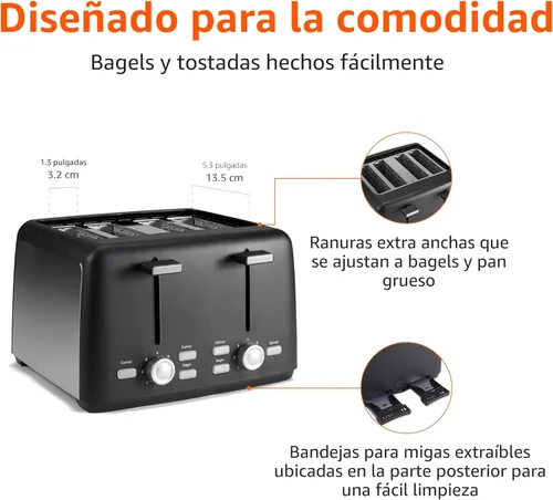 Vista 3 de Amazon Basics Tostadora de 4 rebanadas, con 7 ajustes de tostado, ranuras extra anchas para bagels y panes especiales, bandejas de migas fáciles