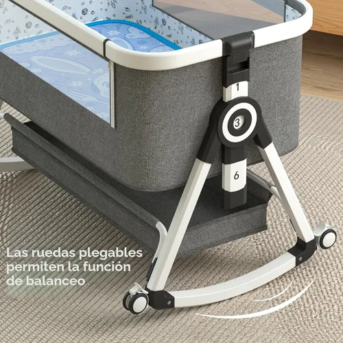 Vista 5 de Moisés para bebé 3 en 1, cuna junto a la cama con cesta de almacenamiento y ruedas, cuna portátil con mosquitero, 6 alturas ajustables y malla
