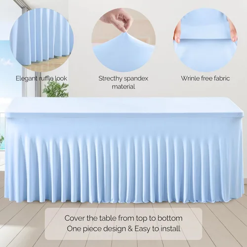 Vista 2 de Wish Care Paquete de 2 manteles de elastano elástico azul bebé para mesas rectangulares de 4 pies, manteles ajustables sin arrugas de 4 pies