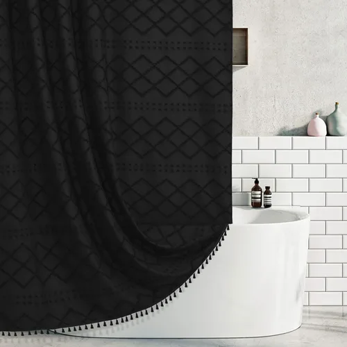 Vista 14 de Siiluminisoy - Cortina de ducha pequeña estilo boho para cubículo, de tela tejida con borla blanca, 36 x 72 pulgadas, tamaño medio, con diseño