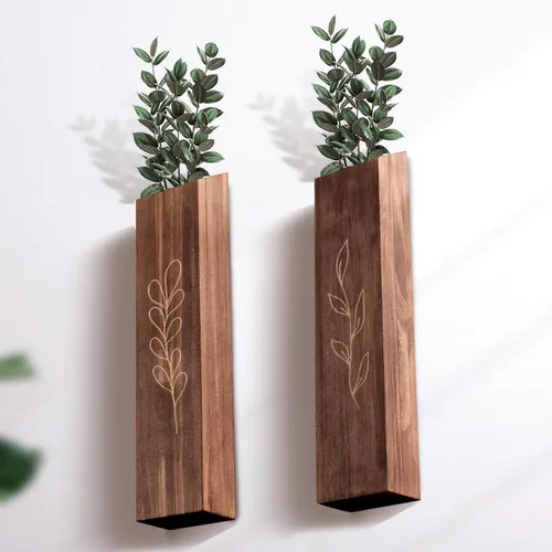 Vista 7 de Paquete de 4 macetas de pared de madera para interiores, decoración de pared moderna y bohemia para sala de estar, dormitorio, jarrones de bolsillo
