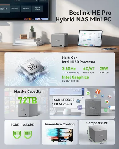 Vista 2 de Beelink Me Pro, Mini PC NAS, CPU Intel N150, 16 GB LPDDR5, 1 TB SSD, 3 ranuras M.2 PCIe3.0 SSD + 2 bahías HDD (Máx 72 TB), 5G + 2.5G Dual