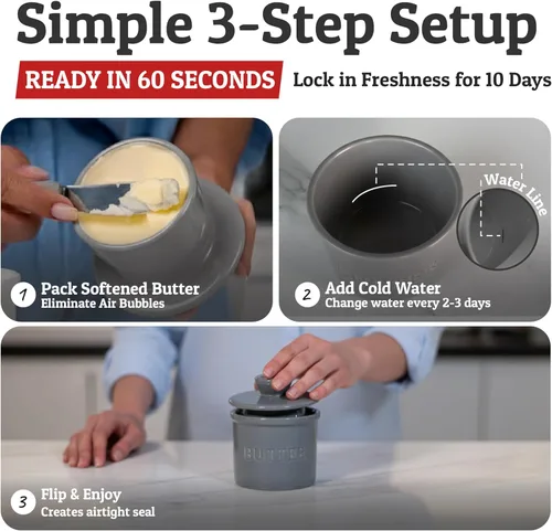 Vista 3 de Priority Chef Recipiente para Mantequilla con Tapa y Línea de Agua, Plato Francés de Cerámica para Mantequilla para Dejar en la Encimera, Gris Claro