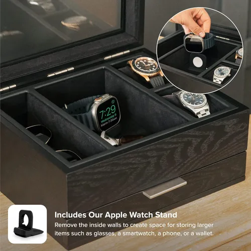 Vista 3 de Caja organizadora de 8 ranuras para reloj, para hombres, acabado negro, vitrina de reloj, bandeja modular de valet, compatible con Apple Watch