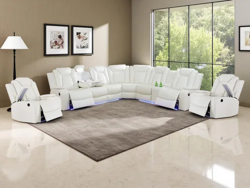 Vista 25 de Juego de sofá de cuero transpirable con puerto USB, 5 sofás seccionales reclinables en forma de L y 2 sillas, juego de sofá seccional reclinable