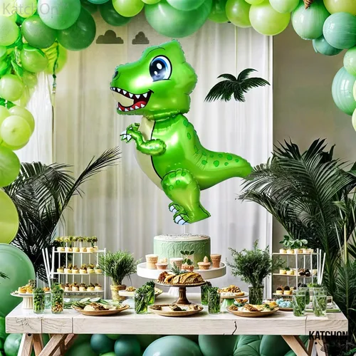 Vista 4 de KatchOn, Globo grande de dinosaurio verde – 25 pulgadas, globo T Rex Globos de dinosaurio para fiesta de cumpleaños Decoraciones de fiesta