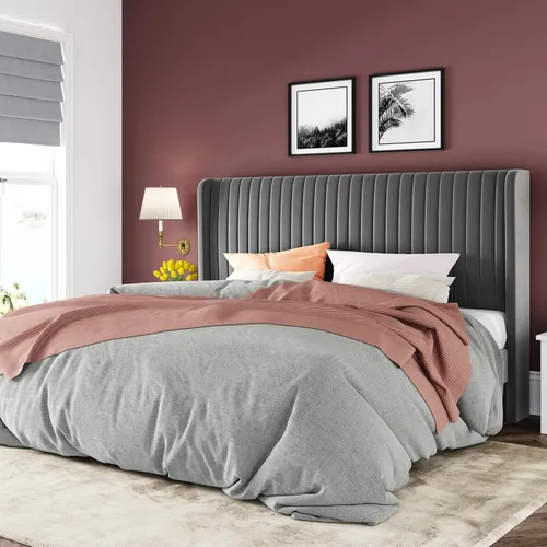 Vista 18 de Allewie Marco de cama de tamaño matrimonial/plataforma tapizada de terciopelo, cabecero con alas capitoné de canal vertical/listones de madera Verde