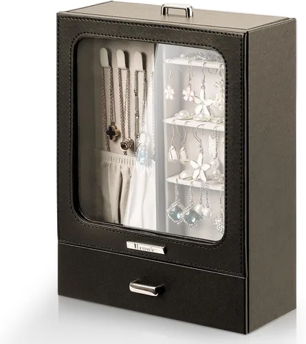 Homde Joyero pequeño con ventana de exhibición, organizador de joyas de 2 capas, 2 cajones, almacenamiento de joyas, idea de regalo, ocupa poco