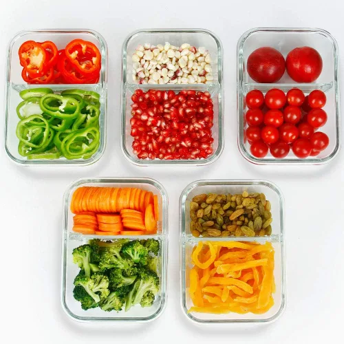 Vista 7 de Contenedores de preparación de comidas, 2 compartimentos con cuencos de vidrio con tapas, recipientes de almacenamiento de alimentos, recipientes