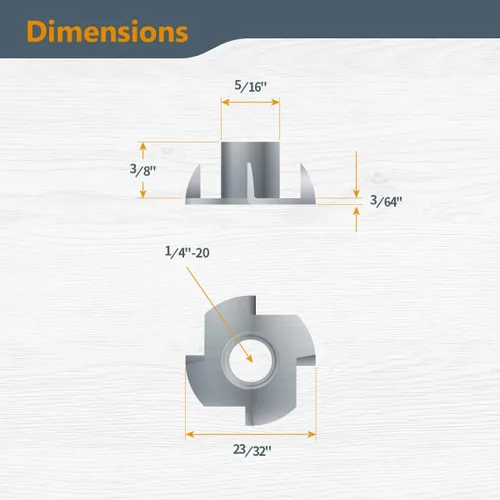 Vista 3 de POWERTEC Tuercas en T de 1/4-20, 50 piezas Tuercas en T de 4 puntas para pernos y ruedas giratorias de vástago, insertos roscados para trabajo