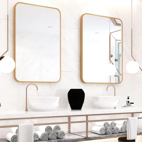 Vista 2 de DH Espejo de baño dorado, 20 x 30 pulgadas, espejo rectangular con marco de metal dorado cepillado con esquina redondeada, espejo de tocador de baño