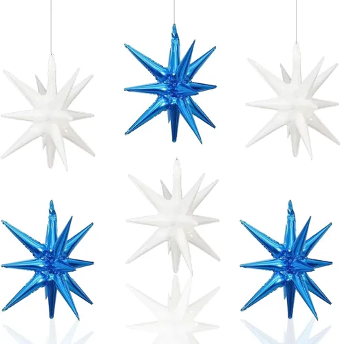 Vista 32 de 6 globos de papel de aluminio de estrella azul de una pieza de 14 puntas con cono de estrella 4D, globo de Mylar de 22 pulgadas, Navidad