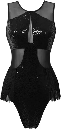 Vista 5 de Vestido de baile latino sin mangas con borlas de lentejuelas brillantes para mujer, disfraz de samba, leotardo con flecos