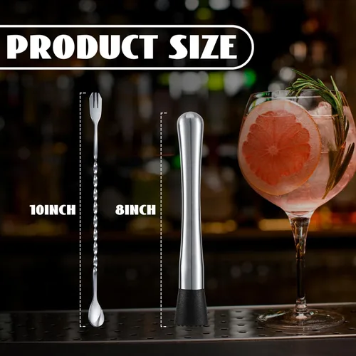 Vista 2 de Domensi Juego de 16 muddler para cócteles, 8 pulgadas de acero inoxidable y cuchara de barra de 10 pulgadas, ideal para cócteles, cucharas