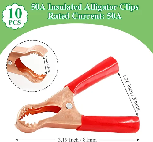 Vista 3 de 10 Piezas Pinzas de Cocodrilo Aisladas de 50A, Abrazaderas Eléctricas de Cocodrilo para Trabajo Pesado, Cable de Repuesto de Batería, Clips