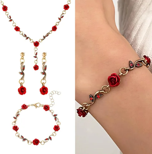 Vista 6 de Juego de 4 a 5 piezas de joyería de oro rosa para mujer, collar de flor de rosa, aretes, pulsera, colgante de cristal de hoja, collar con diamantes