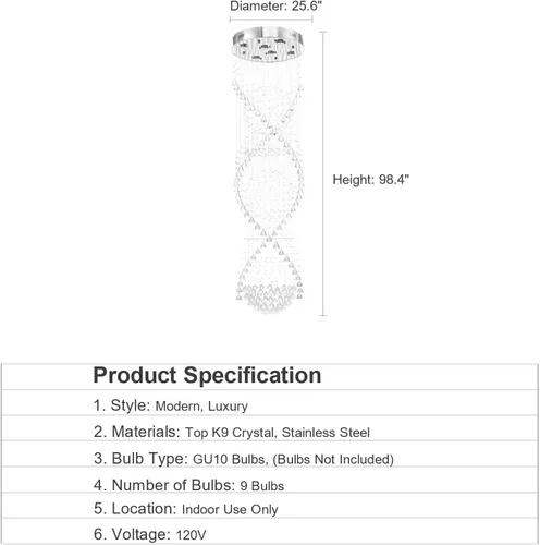 Vista 5 de 7PM Chandelier for Staircase, Crystal Foyer Chandelier High Ceiling, Modern Raindrop Chandeliers Flush Mount Ceiling Light Fixture for Spiral