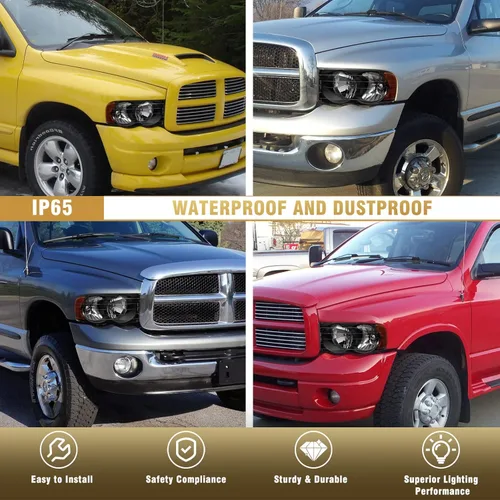 Vista 6 de Repuesto de conjunto de faros AS para Dodge Ram 1500 2002-2005/Ram 2500 3500 2003-2005 con carcasa negra, reflector ámbar, lentes transparentes