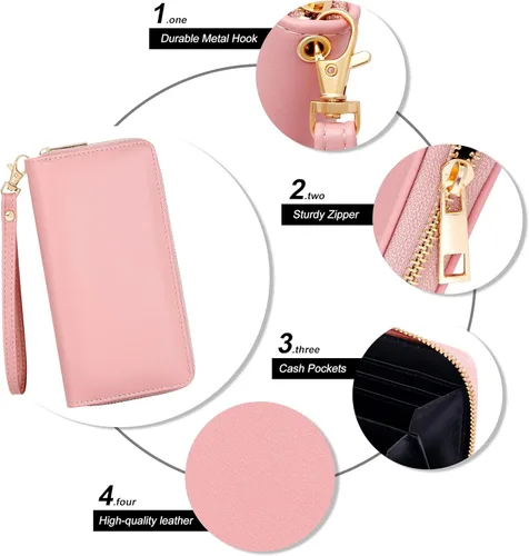 Vista 6 de Badiya Cartera de cuero para mujer, tarjetero de crédito, bloqueo RFID, cremallera alrededor del teléfono, bolso de mano