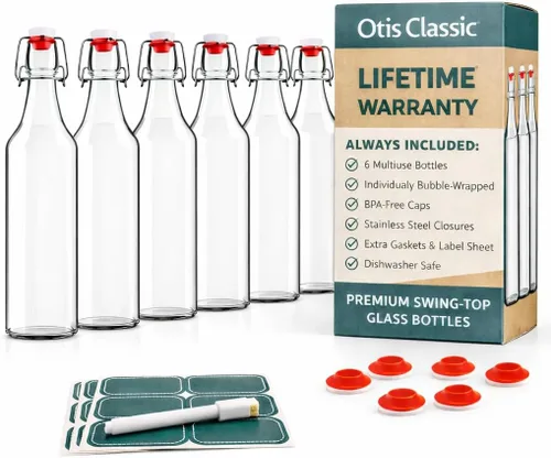 Vista 10 de Otis Classic Botellas de vidrio con tapas, juego de 6 botellas de vidrio transparentes con tapas de cerámica para almacenar kombucha, licor, jarabe
