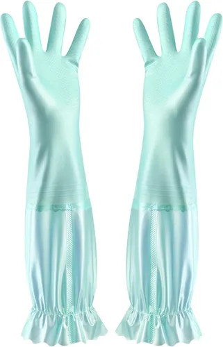 Vista 11 de RARITYUS Guantes de limpieza de cocina para el hogar, guantes de puño largo antideslizantes con forro de algodón impermeable A rosa