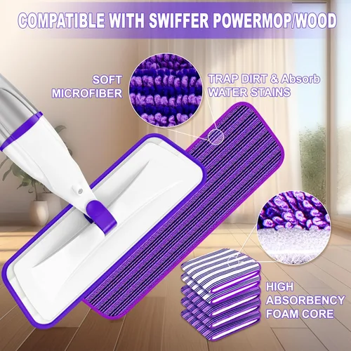 Vista 2 de Trapeadores en aerosol para limpieza de suelos de madera dura: mopas húmedas EXEGO con 5 almohadillas recargables de microfibra para Swiffer