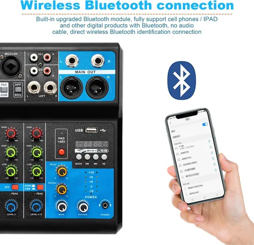 Vista 4 de Mini mezcladores de DJ de 5 canales, mezclador de audio en vivo, tablero de sonido con USB, interfaz de audio con 48 V Phantom Power Sonidos