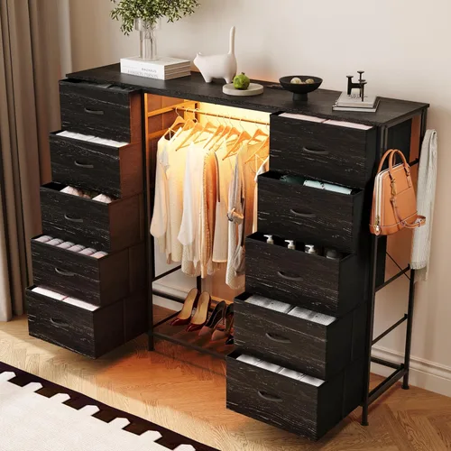 Vista 4 de LUMTOK Cómoda 2 en 1 de 55" de ancho con perchero colgante, cómoda de 10 cajones para dormitorio, cómodas con cajones de tela, luces LED, estación