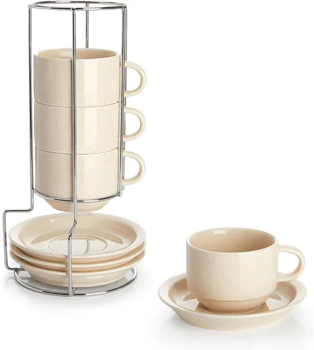 Vista 15 de Sweese - Juego de 4 tazas de espresso apilables de porcelana de 4 onzas con platillos y soporte de metal, color turquesa