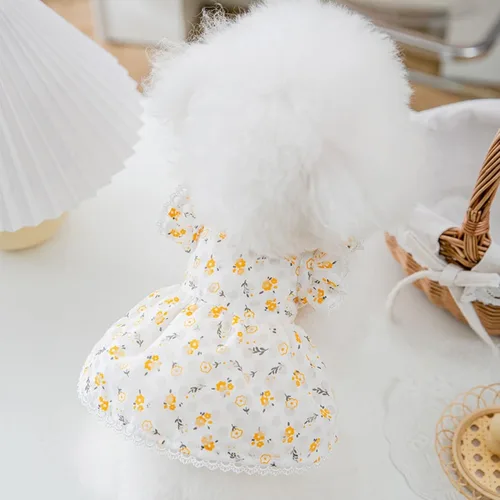 Vista 4 de Vestido para perro con manga abombada, amarillo limón, girasol, piña, a cuadros, ropa de verano para perros pequeños y niñas