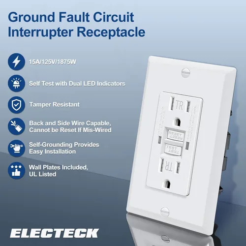 Vista 2 de ELECTECK Paquete de 10 Tomacorrientes GFCI de 15 Amperios, Resistentes a Manipulaciones (TR), Receptáculos GFI de Autoprueba con Indicador LED