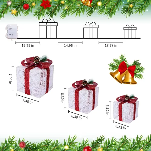 Vista 3 de Juego de 3 cajas de regalo iluminadas de Navidad, cajas de regalo de Navidad a pilas, LED blanco cálido con lazos para árbol de Navidad