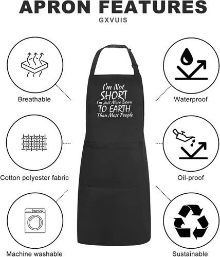 Vista 5 de Delantal para mujer con 2 bolsillos I'm Not Short Graphic impermeable, ajustable, para cocina, cocina, barbacoa, parrilla Negro