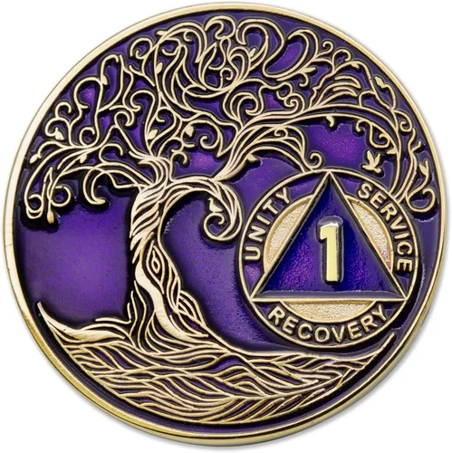 Vista 70 de 1 año Sobriety Mint Twisted Tree of Life Medallón de recuperación AA chapado en oro, chip/ficha - negro