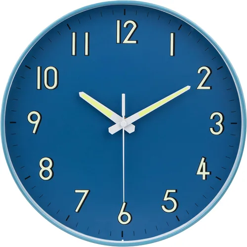 Reloj de pared silencioso azul medianoche, con números y manecillas que brillan en la oscuridad, decoración moderna y llamativa del hogar para