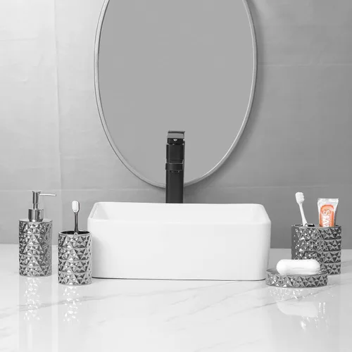 Vista 8 de Juego de accesorios de baño plateados de 5 piezas, incluye basura, soporte para cepillos de dientes, vaso para cepillo de dientes, dispensador