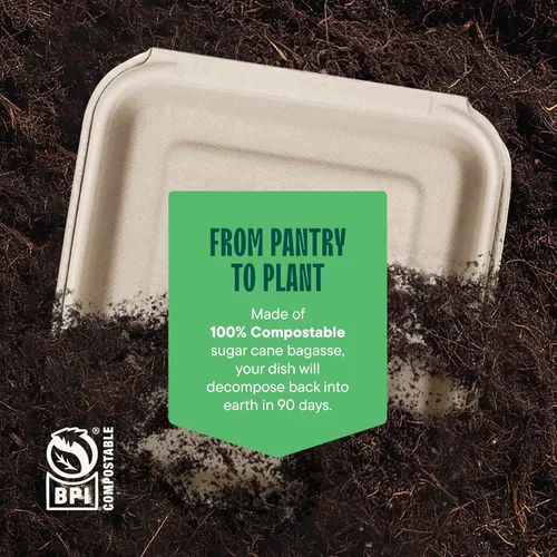 Vista 5 de Recipientes de alimentos 100% compostables para llevar [8 x 8 pulgadas paquete de 50 unidades] Contenedores de calidad resistente, bagazo desechable