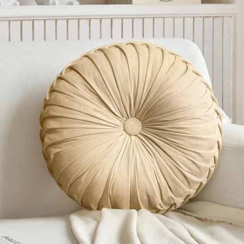 Vista 7 de Teieas Almohada Decorativa Redonda de Terciopelo para Decoración del Hogar Cojín Redondo Plisado para Sofá Silla Cama Automóvil (Albaricoque)