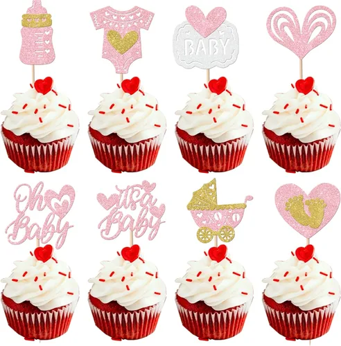 Vista 24 de Paquete de 24 adornos para cupcakes para el día de San Valentín con purpurina de corazón dulce para pies de bebé, decoración de cupcakes para el día