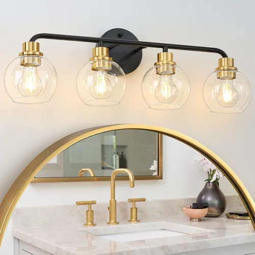 Vista 10 de Lámparas de baño doradas para tocador, 3 luces, apliques de pared, luces de latón cepillado con pantallas de vidrio globo transparente, lámpara