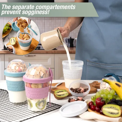 Vista 3 de Paquete de 4 Tazas de Parfait de Yogur para Desayuno Para Llevar, Recipientes de Plástico Reutilizables con Tapas y Cucharas, Tarros Perfectos