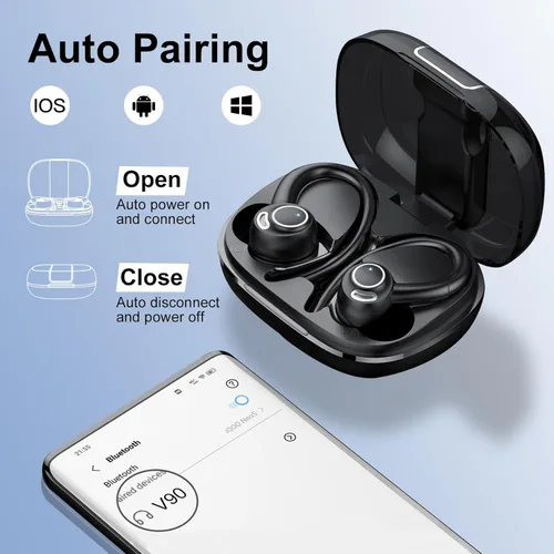 Vista 6 de Csasan Auriculares inalámbricos deportivos, Bluetooth 5.3 sobre auriculares estéreo de graves profundos con ganchos para los oídos, auriculares