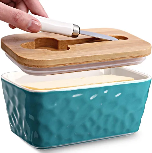 Vista 9 de Mantequillera con tapa, plato grande de mantequilla para encimera, recipiente de mantequilla de cerámica con cuchillo, doble sello de silicona