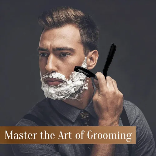 Vista 31 de Facón - Maquinilla de afeitar recta para hombre, kit profesional de afeitar de borde recto con 100 cuchillas, afeitadora barbero japonesa de acero