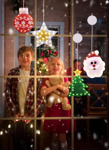 Vista 4 de Luces de decoración de ventana de Navidad, silueta de ventana de Navidad, letrero iluminado, luces de ventana a pilas con gancho de ventosa