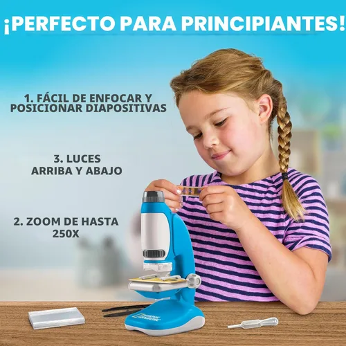 Vista 2 de National Geographic - Microscopio junior para niños, el kit incluye un mini accesorio de mano de aumento de hasta 250x, 12 portaobjetos, guía