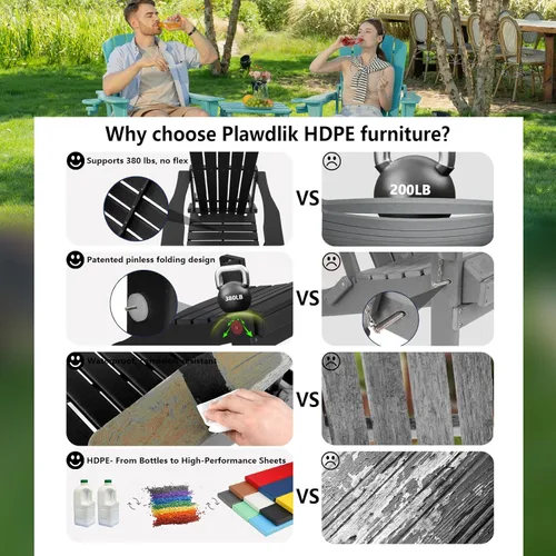 Vista 7 de Plawdlik Silla plegable Adirondack, probada por SGS, textura de madera con portavasos, resistente a todo tipo de clima, HDPE, cómoda para piscina