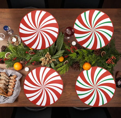 Vista 6 de Gift Boutique - Juego de 50 manteles individuales de papel de Navidad con diseño de bastón de caramelo y menta, desechables, con forma redonda