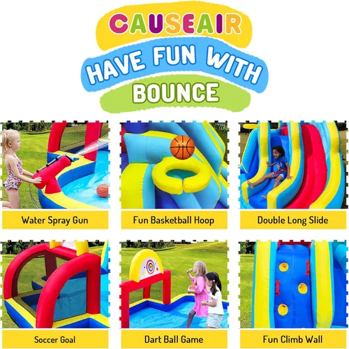 Vista 3 de Causeair Tobogán acuático doble inflable con portería de fútbol, piscina grande de salpicaduras, cañón de agua, aro de baloncesto, pared de escalada